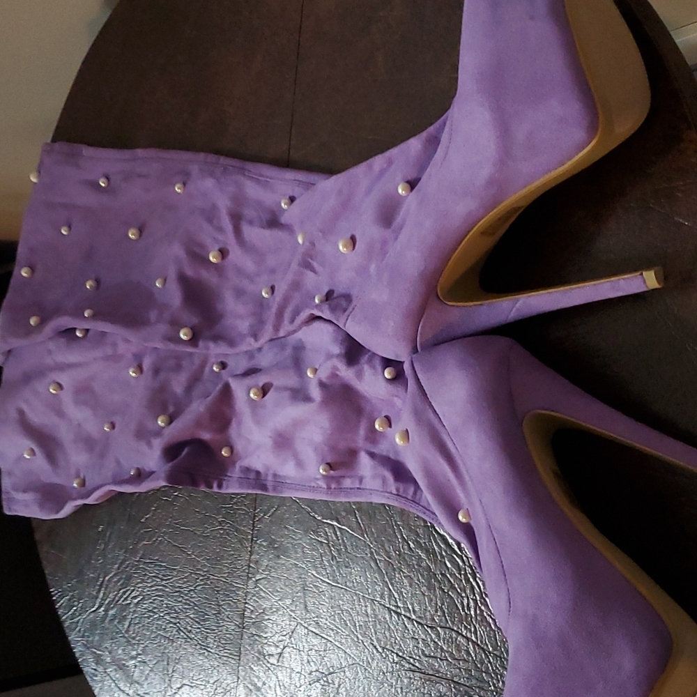 Women's beautiful over the knee suede purple with pearls platform heeled boots - Picture 2 of 2